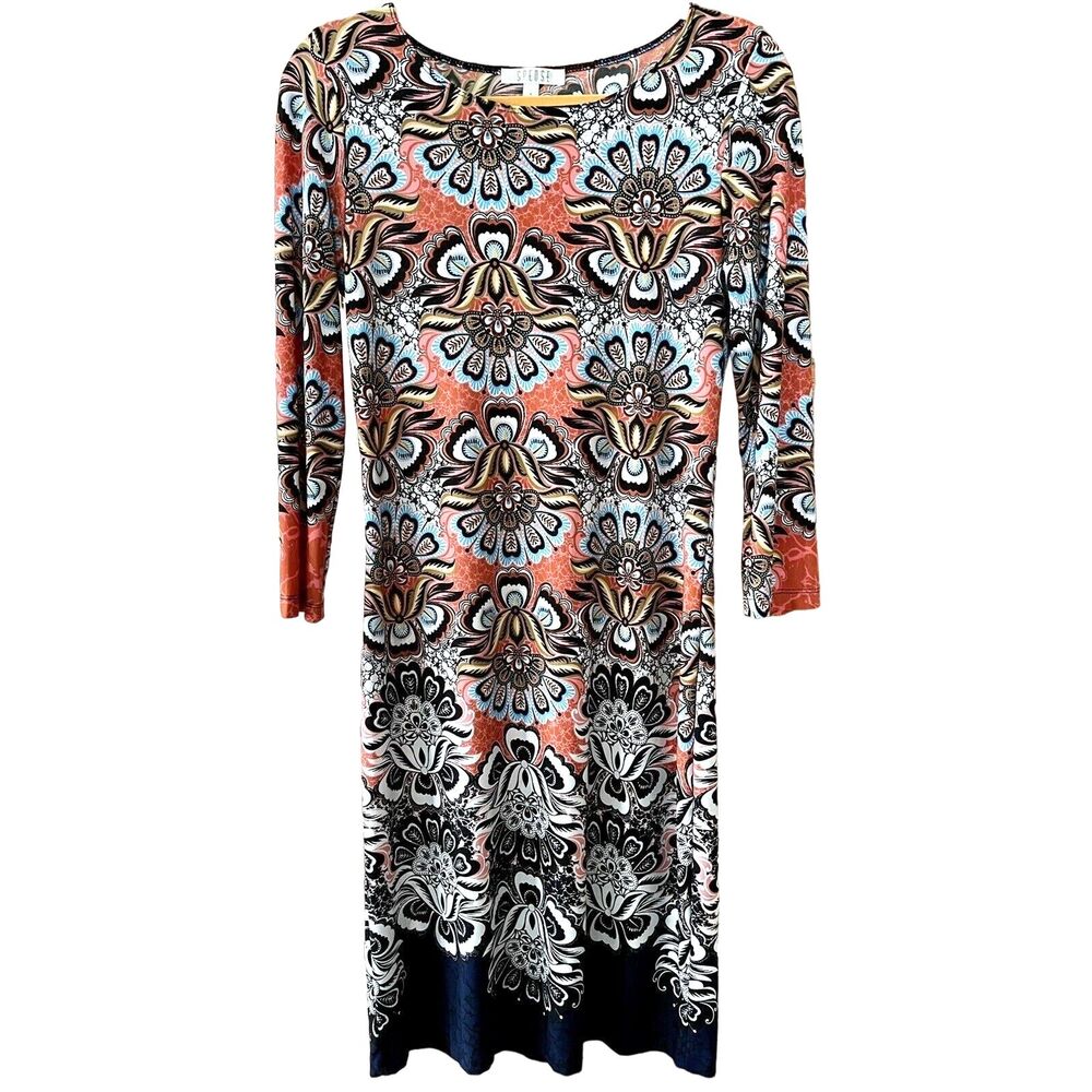 Spense Floral Mandala Print Slinky Dress Orange Gold Turquoise 4